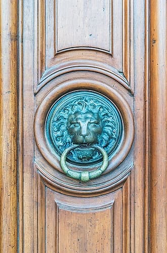 France, Provence, Arles. Lion door knocker at City Hall Art Print